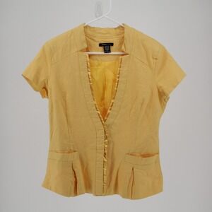 Robert Louis Women's Yellow Linen Pleated Short Sleeve Lapelless Blazer Size M